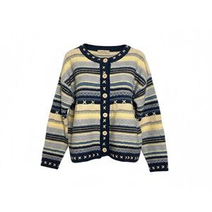 Lin Xi Striped Knit Button Front Winter Cardigan Sweater Yellow Navy Size Medium